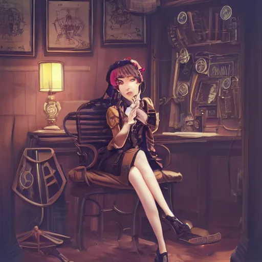 Image similar to a beautiful steampunk detective girl sitting in her office | | cute - fine - face, pretty face, fine details by stanley artgerm lau, wlop, rossdraws, james jean, andrei riabovitchev, marc simonetti, and sakimichan, trending on artstation