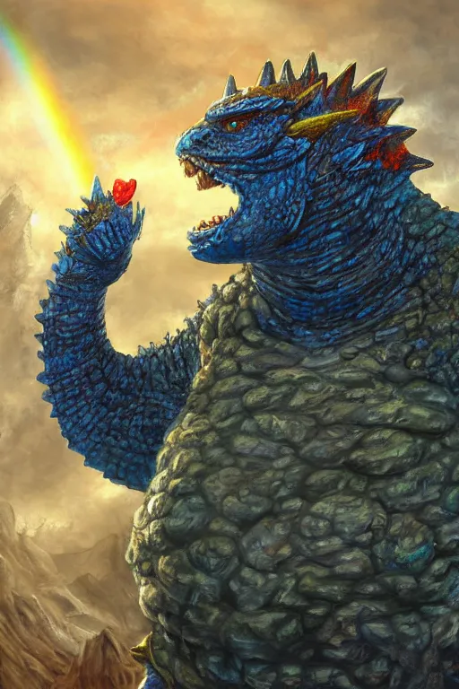 Image similar to a full body high detail fantasy portrait oil painting illustration of a tiny fat blue godzilla with a rainbow hat by justin sweet with face and body clearly visible, in a scenic background, pretty eyes, realistic proportions, d & d, rpg, forgotten realms, artstation trending, high quality, sombre mood, artstation trending, muted colours, entire person visible!