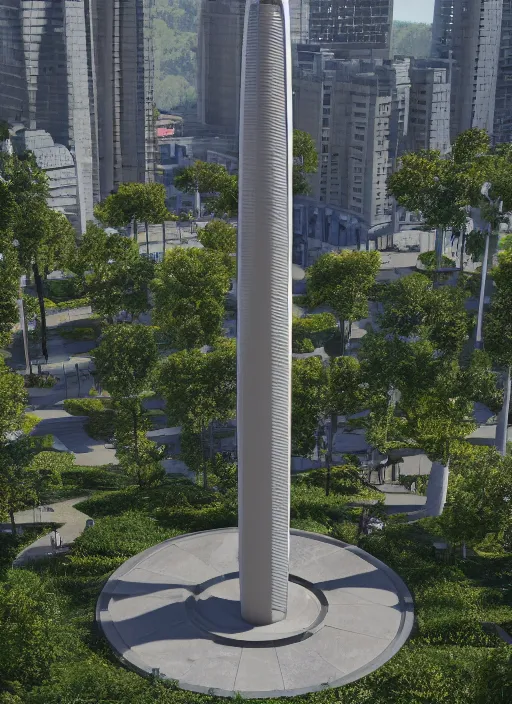 Image similar to highly detailed realistic architecture 3 d render of a stele in the style of power tower standing in a city park, archdaily, made in unreal engine 4 octane render
