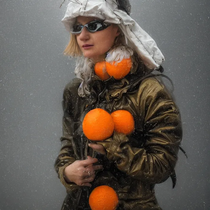 Image similar to a closeup portrait of a woman wearing a ski suit made of clouds and metal scraps, picking oranges from a tree in an orchard, foggy, moody, photograph, by vincent desiderio, canon eos c 3 0 0, ƒ 1. 8, 3 5 mm, 8 k, medium - format print