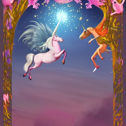 Prompt: A pink unicorn jumping through the air, mystical fantasy, Dungeons and Dragons, Wizards of the Coast