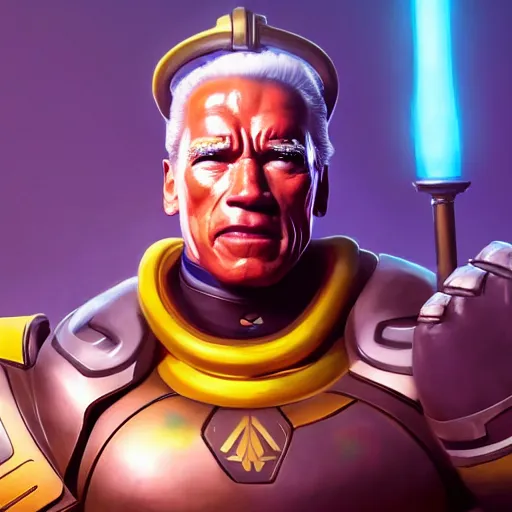 Image similar to a screenshot of arnold schwarzenegger as zenyatta in overwatch, portrait, fantasy, beautiful face, vivid colors, elegant, concept art, sharp focus, digital art, hyper - realistic, 4 k, unreal engine, highly detailed, hd, dramatic lighting by brom, trending on artstation