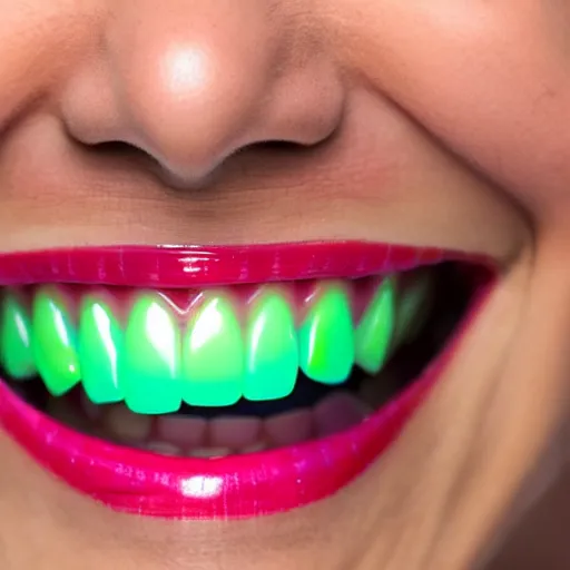 Image similar to A close-up of a smile, with the teeth and gums painted in bright colours.