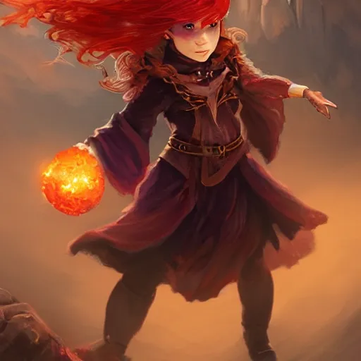 Prompt: a spirited halfling sorcerer woman with red hair, freckles like bronze scales, gold eyes, therapist, witch's outfit, character art, full body art, Dungeons and Dragons, D&D, trending on artstation, artgerm, 4k ultra hd, sharp focus, digital art by Ilya Kuvshinov and Ross Tran,