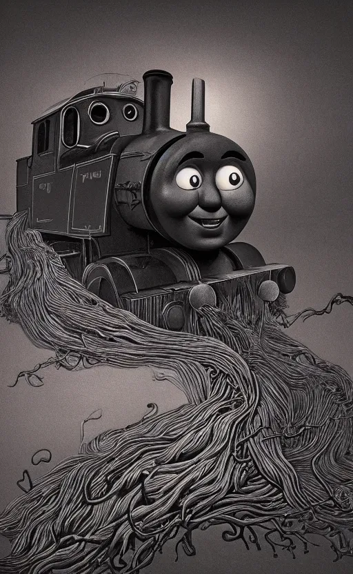 Image similar to thomas the tank engine in style of zdzisław beksinski, extremely dramatic lighting, 8 k, tendrils, black, darkness, black slime tendrils, infected, rust, body horror, thomas the train, thomas the tank engine face, horror,