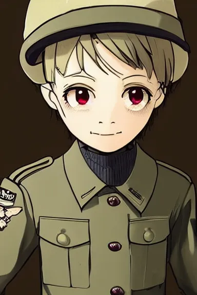 Image similar to beautiful little boy in nazi male uniform. made in abyss art style, sharps focus, pose, cute detailed artwork, anatomically correct, ilya kuvshinov, reflection, perfect composition, wallpaper mobile, digital art, detailed anime soft face, symmetrical face, western comic, illustration, realistic, smooth, lois van baarle, soft details, biomechanic