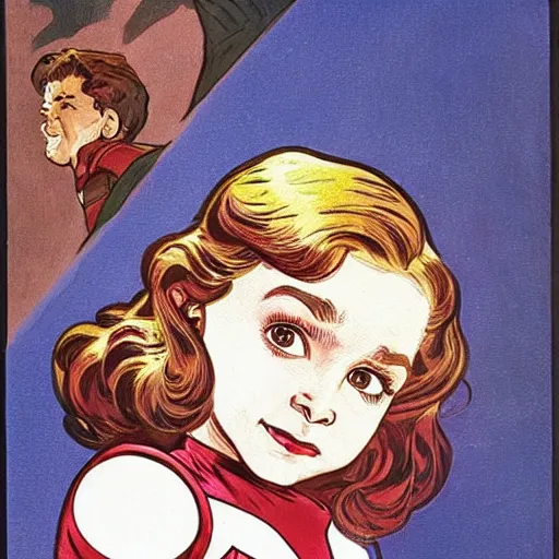 Image similar to a little girl with a mischievous face and light brown curly wavy hair and blue eyes. she is dressed as captain america, spider - man, batman, captain marvel, a superhero. well composed, clean elegant painting, beautiful detailed face. by steve ditko and jack kirby and alphonse mucha