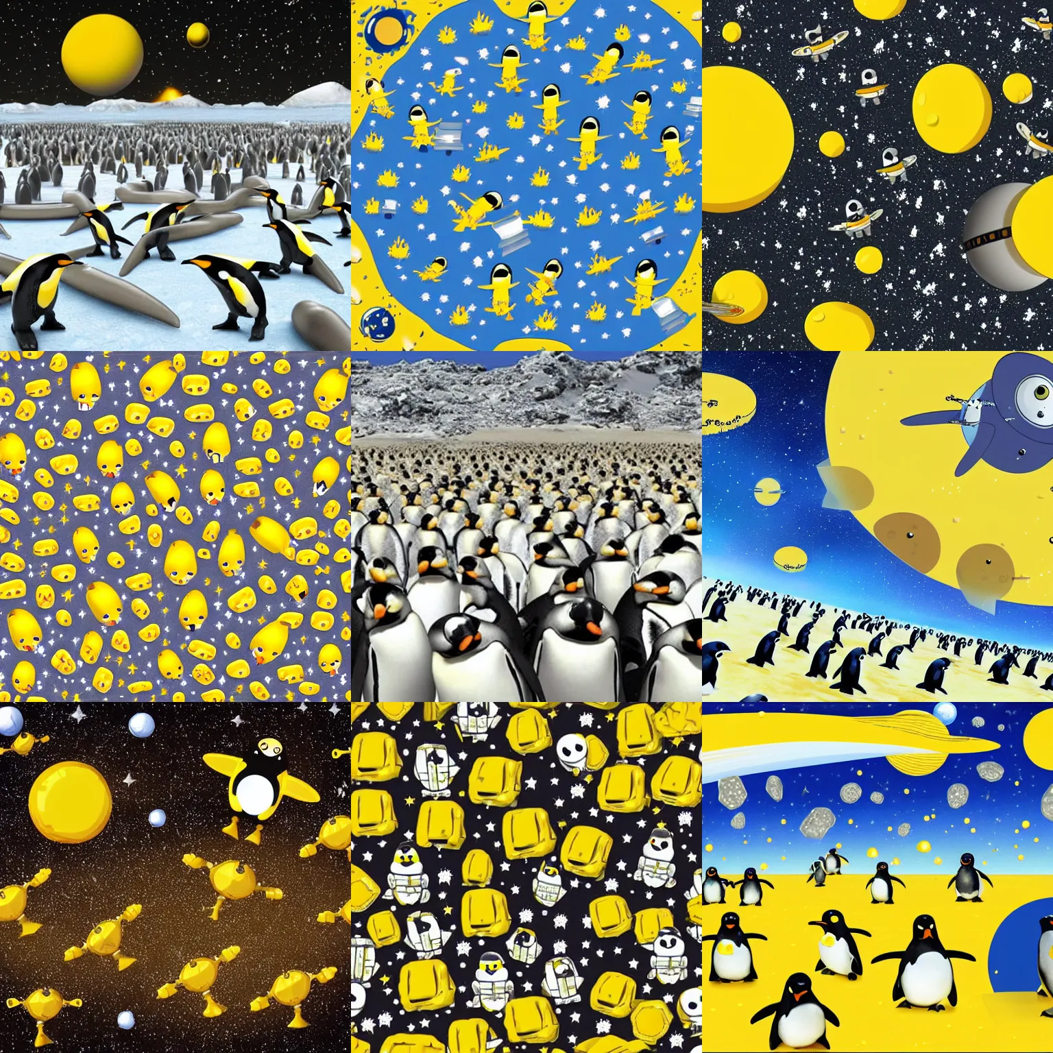 Prompt: planet made of yellow swiss cheese in space, army of robotic penguins, angry penguins, invasion, hyper-realistic