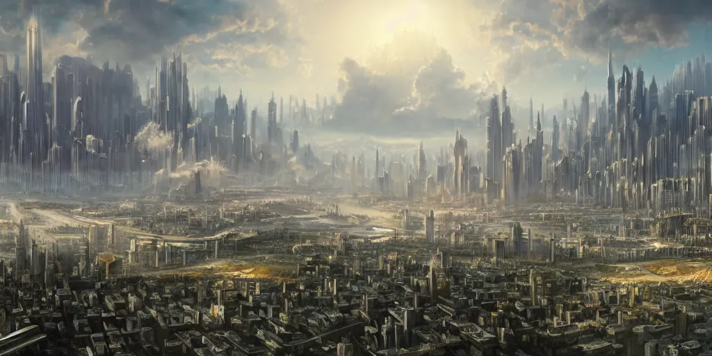 Prompt: A beautiful hyper realistic detailed matte painting of a serene landscape with a futuristic metropolis foreground and super advance city in the background, barometric projection, by Raphael Lacoste, Dan Smith, and Lichtenstein, featured on artstation, featured on behance, ultrawide angle,f16,dof-1:2, vivid color hues:1