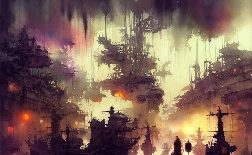 Image similar to airshps fleet, fantasy, steampunk. intricate, amazing composition, colorful watercolor, by ruan jia, by maxfield parrish, by marc simonetti, by hikari shimoda, by robert hubert, by zhang kechun, illustration, gloomy