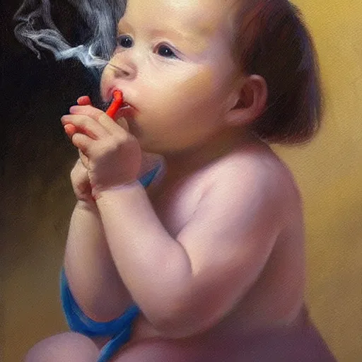 Prompt: beautiful oil painting of a baby smoking a cigarette