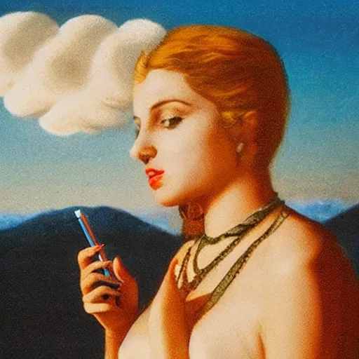 Image similar to goddess smoking a cigarette in the clouds