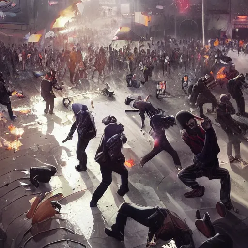 Image similar to protesters clashing with police, detailed digital illustration by greg rutkowski, android netrunner