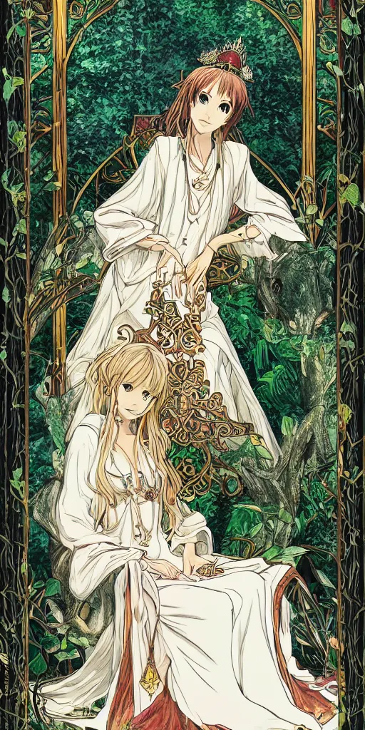 Image similar to an highly detailed magical empress sitting by herself on a sofa in a forest wearing a white robe drawn by cloverworks studio, elegant and beautiful, tarot card, Tarot card the empress, rich colors