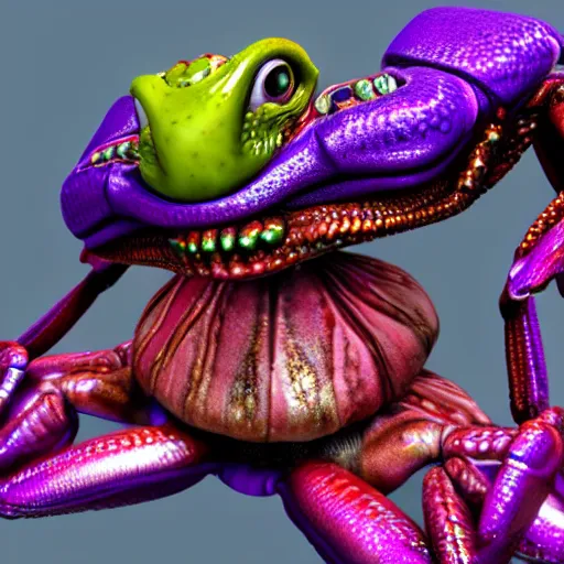 Prompt: anthropomorphic purple alien crab creature with reptile scales and many arms and many legs and long nose photorealistic 3d render