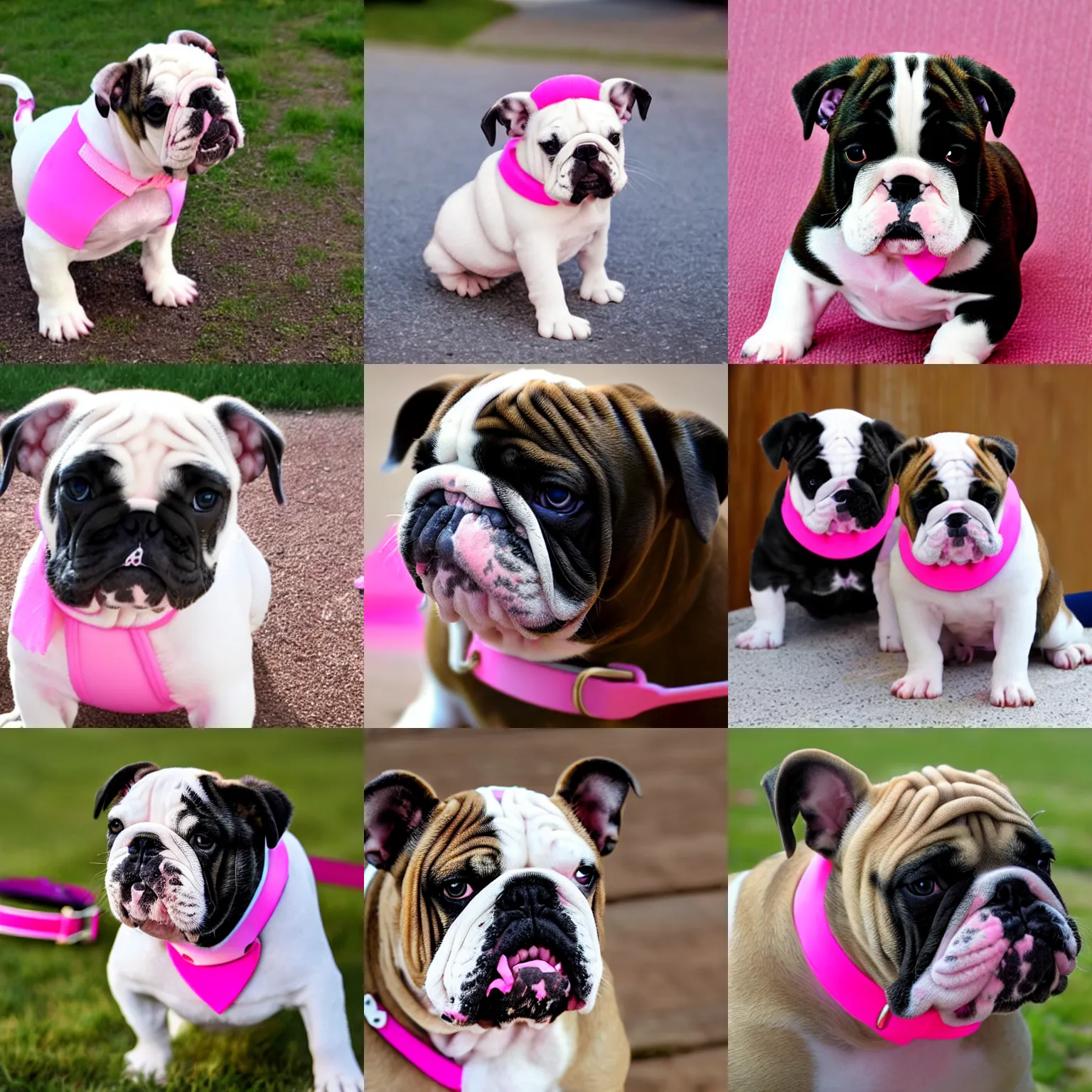 Prompt: bulldog puppy with a pink collar.