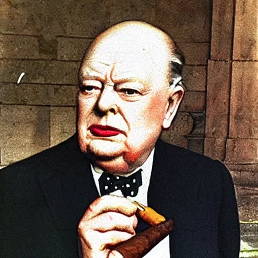 Prompt: queen elizabeth of england smoking a fat cigar like winston churchill