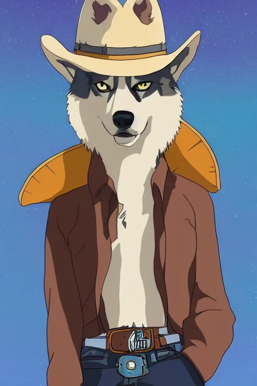 Image similar to a portrait painting of a husky in cowboy costume, wearing a cowboy hat, by [ studio ghibli ], in the style of anime, trending on artstation