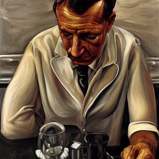 Prompt: high quality high detail painting by lucian freud, hd, portrait of sad bartender