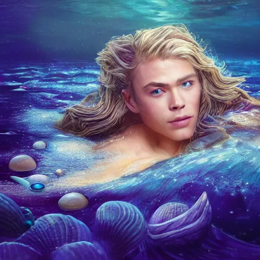 Image similar to chris hemsworth portrait, fantasy, mermaid, hyperrealistic, game character, underwater, highly detailed, cinematic lighting, pearls, glowing hair, shells, gills, crown, water, highlights, starfish, jewelry, realistic, digital art, pastel, magic, fiction, ocean, king, colorful hair, sparkly eyes, fish, heroic, god, waves, bubbles ”