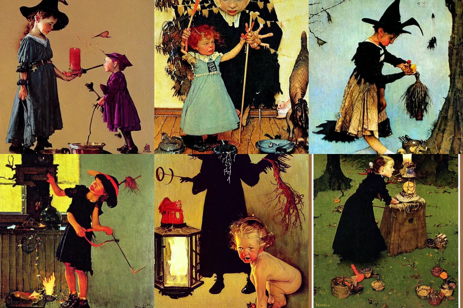 Prompt: A little witch performs visually stunning witchcraft. A painting by Norman Rockwell.