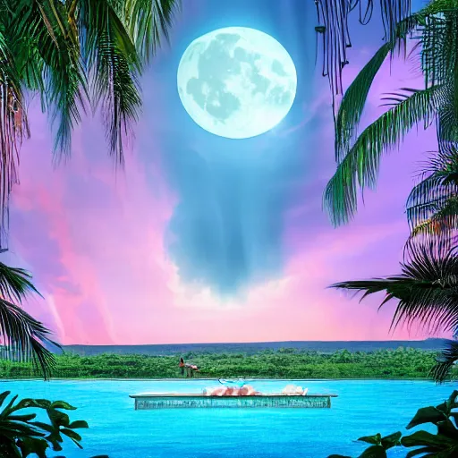 Prompt: Floating palace, moon reflecting on the water, thunderstorm, greek pool, beach and Tropical vegetation on the background major arcana sky, vogue magazine, y2k aesthetic, hyperrealistic 8k, award-winning, very very very detailed