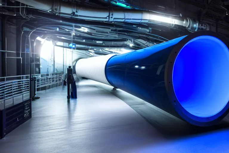 Prompt: dark blue plastic hyperloop pipe glowing in the dark space capsule