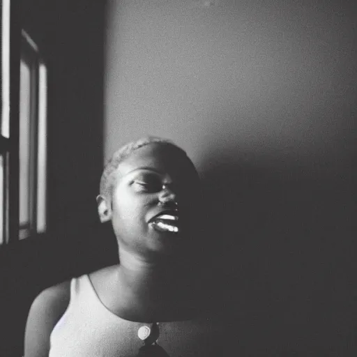 Prompt: candid photo of a black woman, kodak tri-x style, portrait, moody lighting