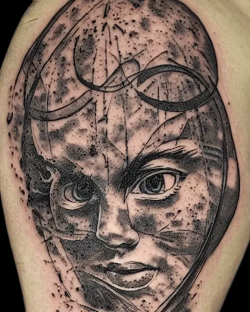 Prompt: planets on the top of a broken renaissance head statue, realism tattoo design, in the style of da ink