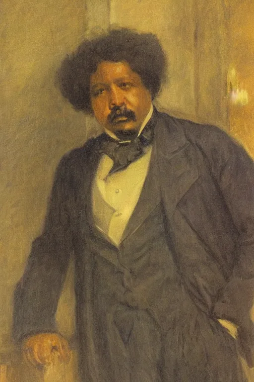 Prompt: Portrait of Alexandre Dumas, oil on canvas, highly detailed, high contrast, by Henry Ossawa Tanner, 8k