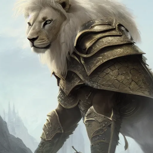 Image similar to a beautiful award winning commission of a male anthro albino lion dressed in skyrim armour,digital art,art by greg rutkowski,character design by charles bowater,ross tran,photorealistic,highly detailed,detailed face,4k,dramatic,deviantart,artstation