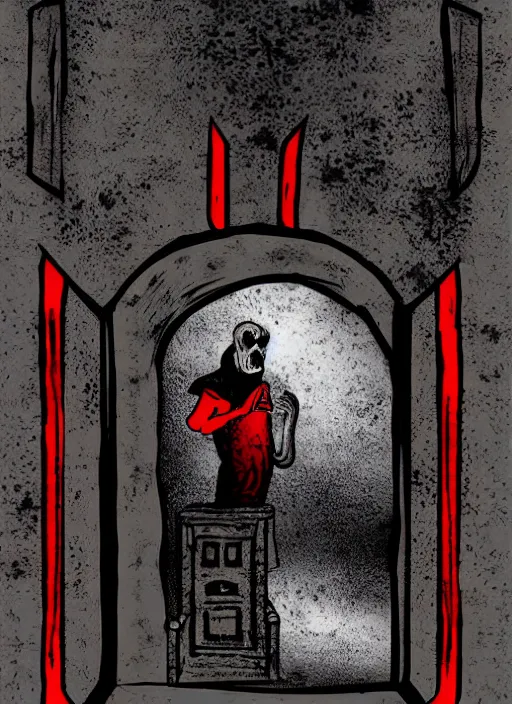 Image similar to tarot card of the doubts, ghost in prison cell stalks visitor, high quality image, modern digital art, stylish, black and red