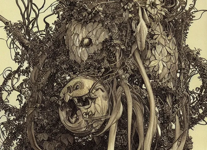 Image similar to creepy sunflower mutant vine plant with a portal to space in its mouth in a jungle, giovanni battista piranesi, moebius, alphonse mucha, ultra - detailed, yoshitaka amano