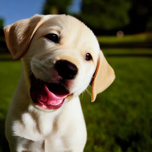 Image similar to a very cute yellow lab puppy smiling. close-up. blach and white. at the park. 14mm lens. iso 100. diaphragm 1.4. shutter speed 1/350. oil on canvas. W-1024