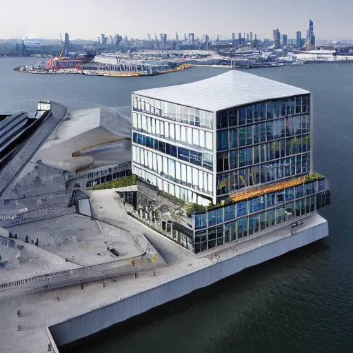 Image similar to a incredible cutting edge new building on the London waterfront designed by bjarke ingels, photo by Annie Leibovitz