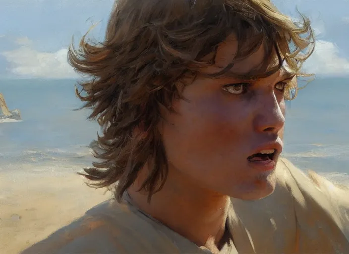 Image similar to a highly detailed beautiful portrait of anakin skywalker hissing at sand, by gregory manchess, james gurney, james jean