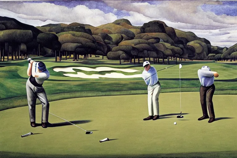 Image similar to Three golfers on a beautiful golf course driving range, by Diego Rivera