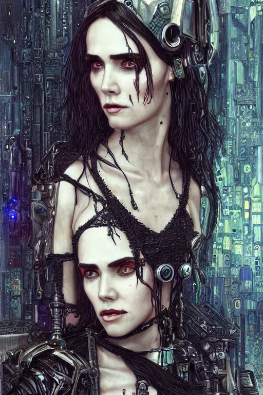 Image similar to portrait of beautiful gothic Jennifer Connelly, cyberpunk, Warhammer, highly detailed, artstation, illustration, art by Gustav Klimt