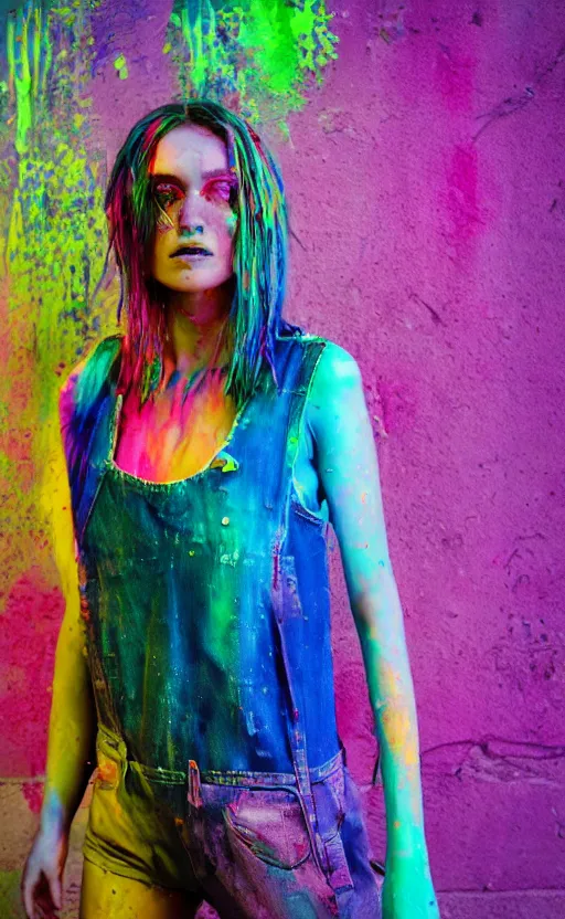 Image similar to grungy woman, rainbow hair, soft eyes and narrow chin, dainty figure, wet t-shirt, torn overalls, skimpy shorts, covered in neon paint, luminescent, Sony a7R IV, symmetric balance, polarizing filter, Photolab, Lightroom, 4K, Dolby Vision, Photography Award