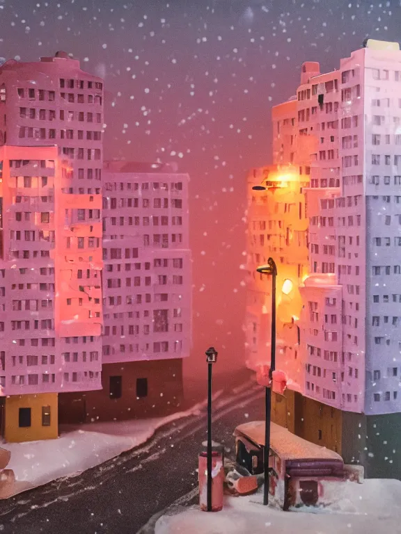 Image similar to small diorama a soviet residential building, pink volumetric lights are on in the windows, dark night, two man fighting for bottle of vodka on yard in front of building, cozy atmosphere, fog, cold winter, snowing, streetlamps with orange volumetric light, birches nearby,