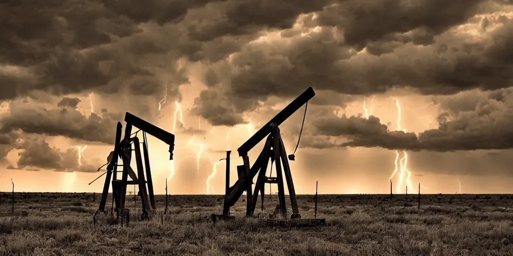 Prompt: photo of a stormy west texas sunset, perfect rustic ( ( pumpjack ) ), x - pan, high resolution lightning, golden hour, high detail, beautiful!!!