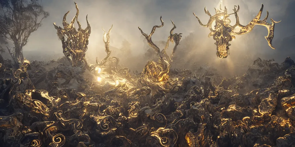 Prompt: white bird skulls, gold ram skulls, copper goat skulls, grand imposing powerful sculpture. swirls of mist. sunrise, light beams. occult photorealism, uhd, amazing depth, volumetric lighting, cinematic lighting. epic landscape.