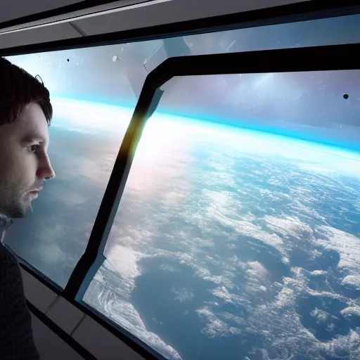 Prompt: a man in a spaceship looking out of the window to see a view of earth, photorealistic, 4 k, hd