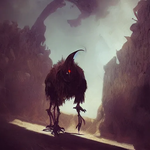 Image similar to Exterior Desert Oasis puissant physique demonic crow wearing a devilry costume Jan Van eyck greg rutkowski ilya repin christophe young bastien lecouffe-deharme ismail inceoglu odd nerdrum dragan bibin john steuart curry