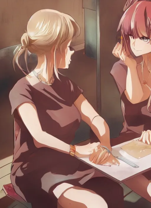 Image similar to two beautiful mothers sitting across from each other, summer clothes, gorgeous faces, thick lines, cinematic lighting, detailed anime art