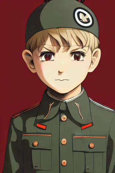 Image similar to beautiful little boy in nazi male uniform. made in abyss art style, sharps focus, cute detailed artwork, anatomically correct, ilya kuvshinov, reflection, perfect composition, wallpaper mobile, digital art, detailed anime soft face, symmetrical face, western comic, illustration, realistic, nazism, smooth, lois van baarle, soft details