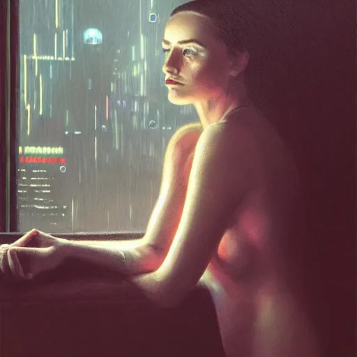 Image similar to detailed portrait of a woman, moment, cyberpunk cloisters, electronic billboards, tech noir, wet reflections, atmospheric, ambient, livia prima, greg rutkowski, edward hopper, pj crook