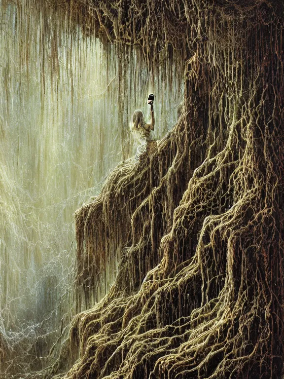 Image similar to A detailed painting of cobweb hanging on the eldritch forest cave,ethereal,maximalism,glittering,by Gustave Doré and peter gric,Trending on artstation