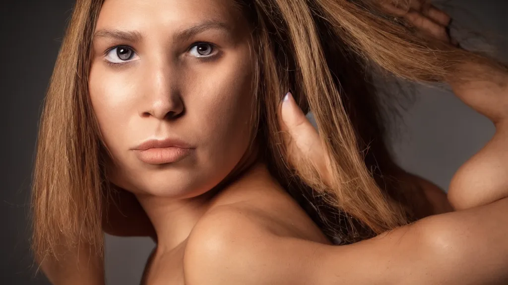 Image similar to a stunning neanderthal girl, posing for a revealing magazine cover photo, studio lighting