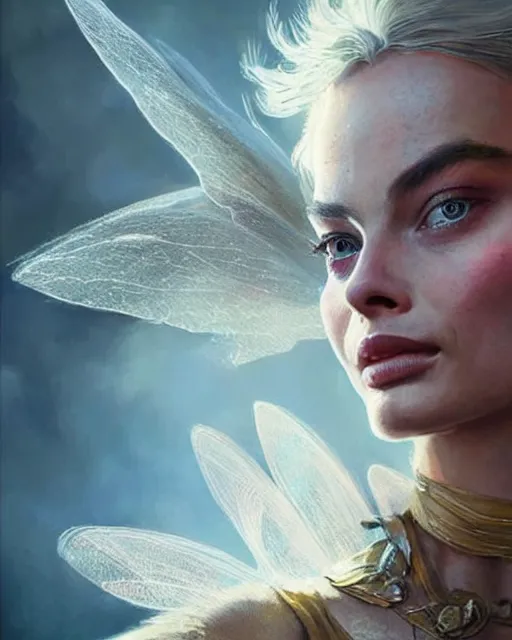 Prompt: margot robbie as a fairy with wings, hyper realistic face, beautiful eyes, fantasy art, in the style of greg rutkowski